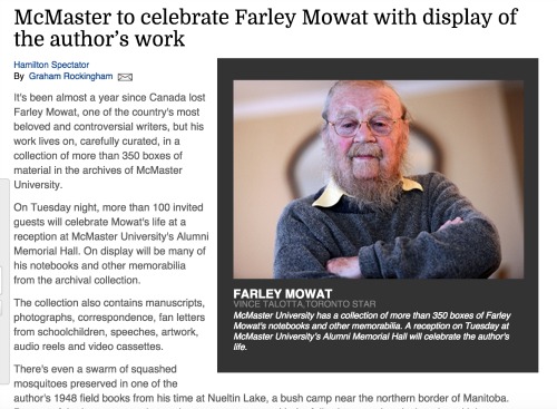 Image of Hamilton Spectator article featuring the Farley Mowat archives.