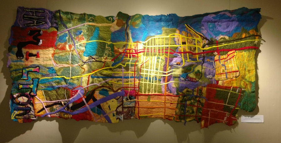 4 ft. by 8 ft. map of Hamilton made entirely of felt, was created by 22 students in Major-Girardin’s second year Environmentally Responsible Art class. The materials used to create the map were provided through a generous donation by Alyx Fitzhenry, part of a gift to support the introduction of fibre arts into McMaster’s Studio Arts program.