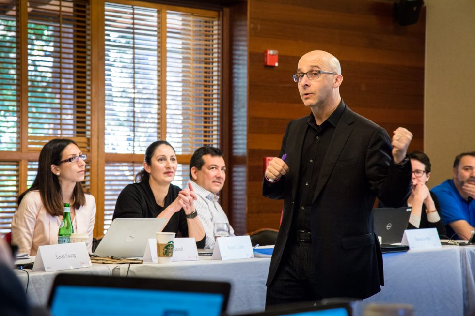Rob Siegel, Lecturer in Management, Stanford Graduate School of Business, leading a case discussion. photo by Bryan Mehi