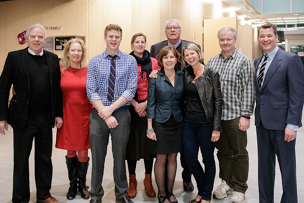 Stuart McLean's friend and family, including John Sheard (left), Robbie McLean (second from left), Louise Curtis, Vinyl Cafe production assistant (fourth from left), Meg Masters (fourth from right), Jess Milton, Vinyl Cafe show producer (third from left).