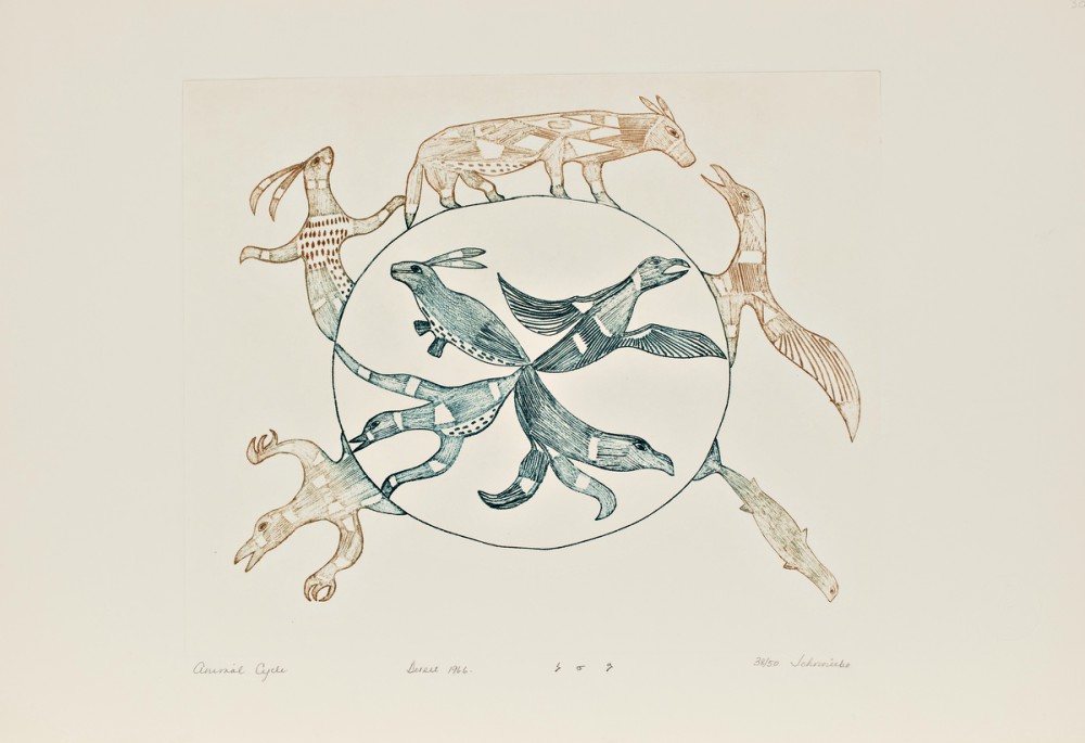 Animal Cycle by Johnniebo Ashevak (Inuit, 1923-1972). Engraving on paper, 1966. Edition 38/50. 32.5 x 50.4 cm., McMaster Museum of Art Collection. Gift of Douglas Davidson, 2018.Copyright Dorset Fine Arts.