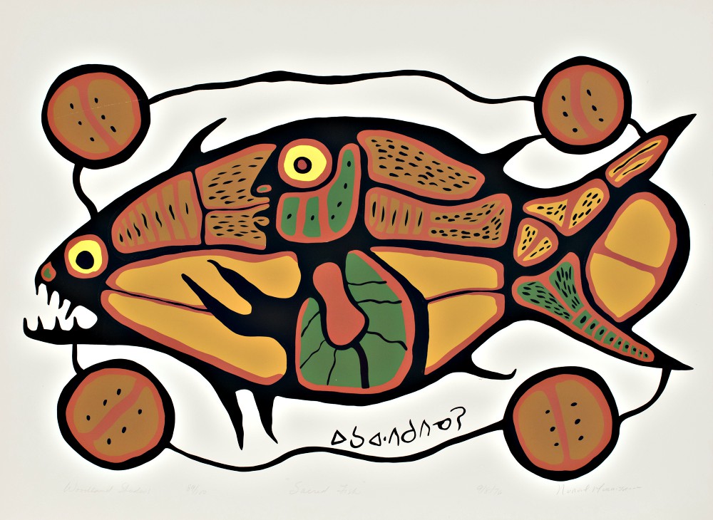 Sacred Fish (Woodland Series), 1976 by Norval Morrisseau (Objibew, 1932-2007). Serigraph on paper, 1966. Edition 89/100. 59.8 x 79.5 cm., McMaster Museum of Art Collection. Gift of Douglas Davidson, 2018.
