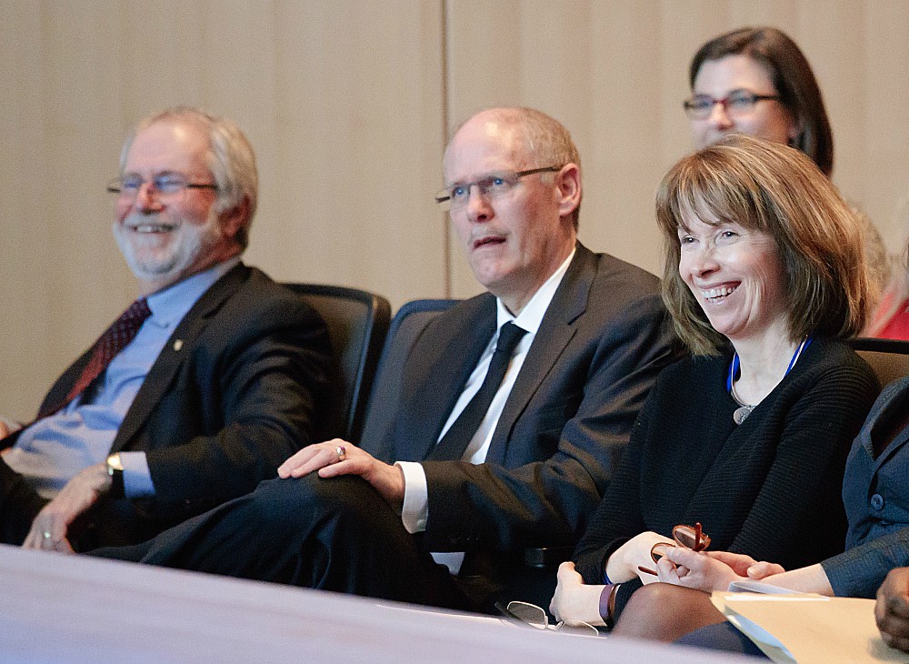 From left: Patrick Deane, McMaster President, David Farrar, McMaster Provost and Vice-President, Academic, Vivian Lewis, McMaster University Librarian.