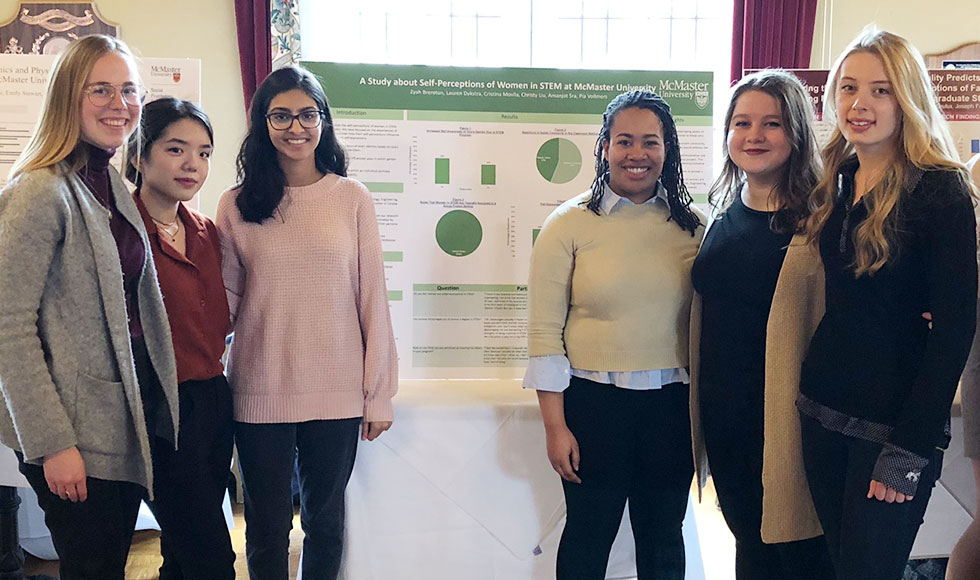 A group of social psychology students presents their capstone research project. 