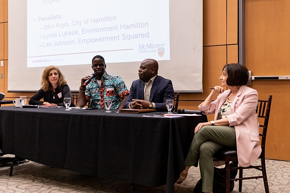 The "Community Voices" panel included (from left) Lynda Lukasik from Environment Hamilton, Leo Johnson from Empowerment Squared, and John Ariyo from the City of Hamilton. Sheila Sammon, McMaster's co-director of community engagement moderated the discussion. Photo by Sarah Janes.