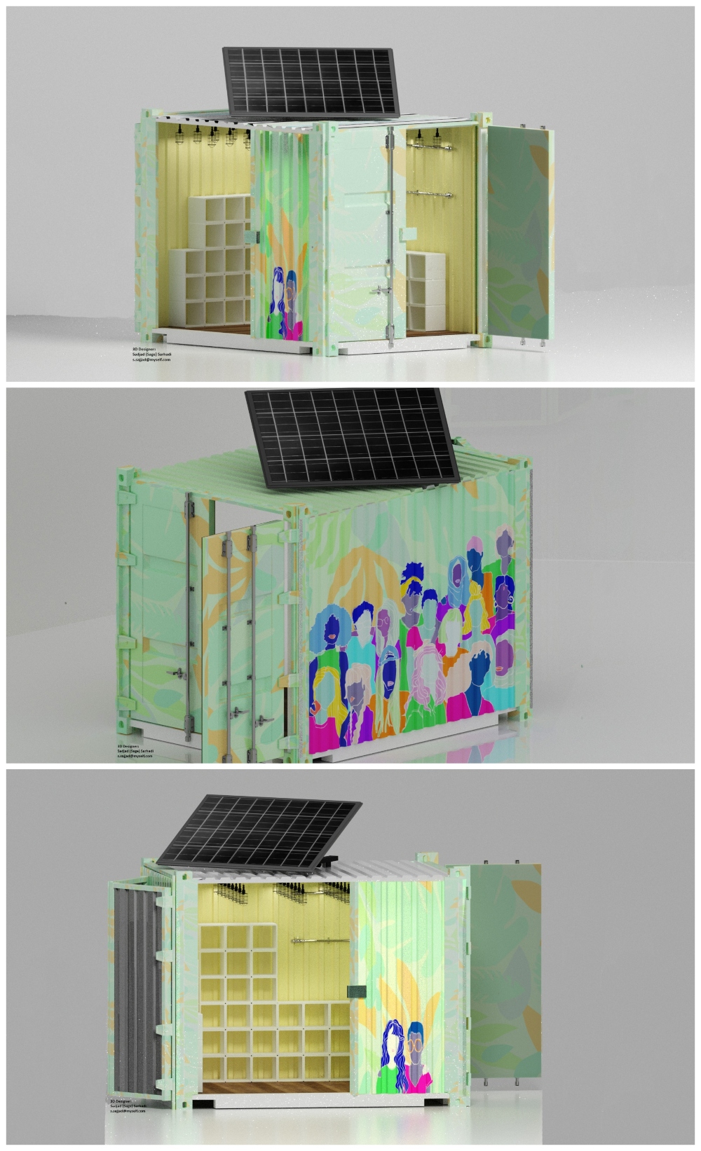 3D models of the Business of The Box container designed by Pourkeveh, Sarhadi and Haghshenas.