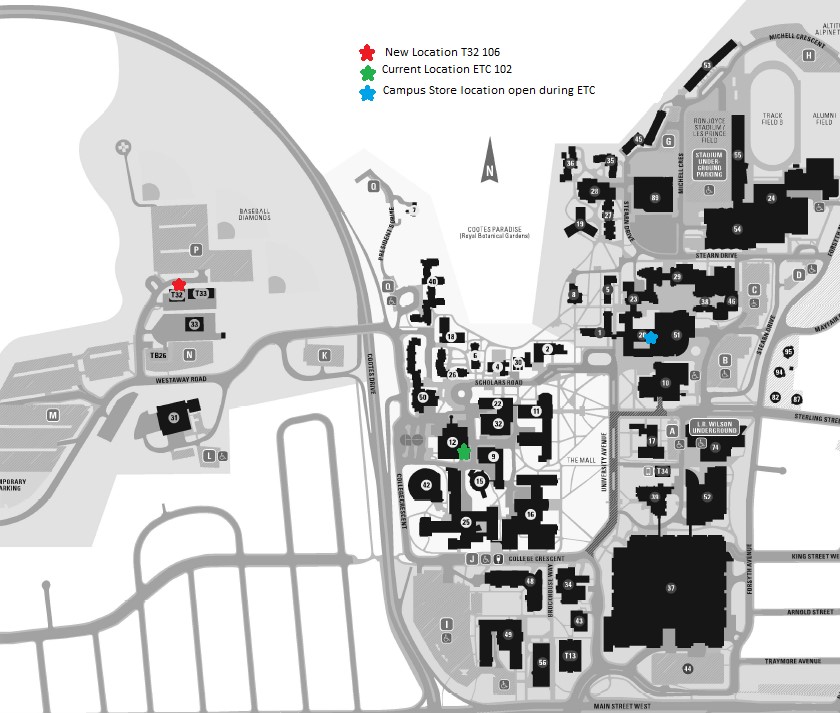 a map showing the new location of parking services at the Campus Services Building