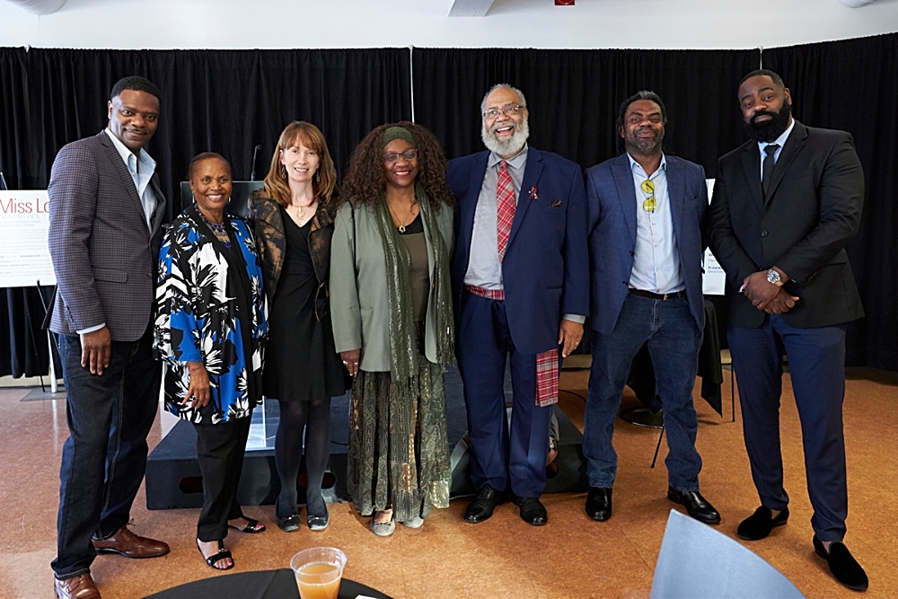 Dr. Pamela Appelt, co-executor of the Louise Bennett-Coverley estate and former board member of Harbourfront Centre (second from left), Vivian Lewis, McMaster university librarian (third from the left) and Miss Lou’s son Fabian Coverley (third from right), pictured with members of the Bennett and Coverley families. This photo was taken at a reception that preceded the event and which was held in the Miss Lou room at Harbourfront Centre. Photo: Harbourfront Centre, Toronto