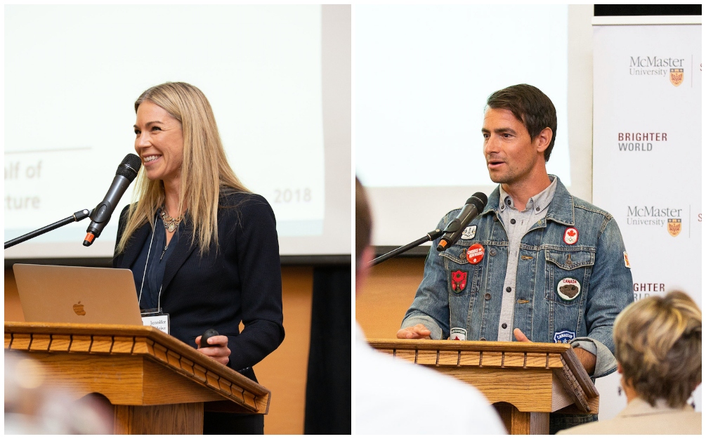  (From left) Jennifer Heisz, associate professor of Kinesiology and Adam Van Koeverden, world and Olympic kayak champion, are among the faculty and alumni that gave “lightning talks” on the past, present and future of the Kinesiology program.