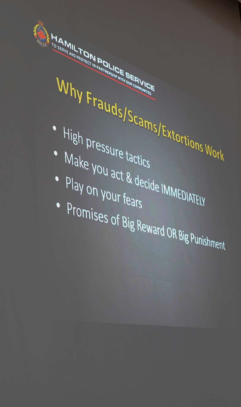 A police slide lists some of the pressure tactics scammers use: promising big rewards or big punishments, making targets act immediately and playing on their fears. 