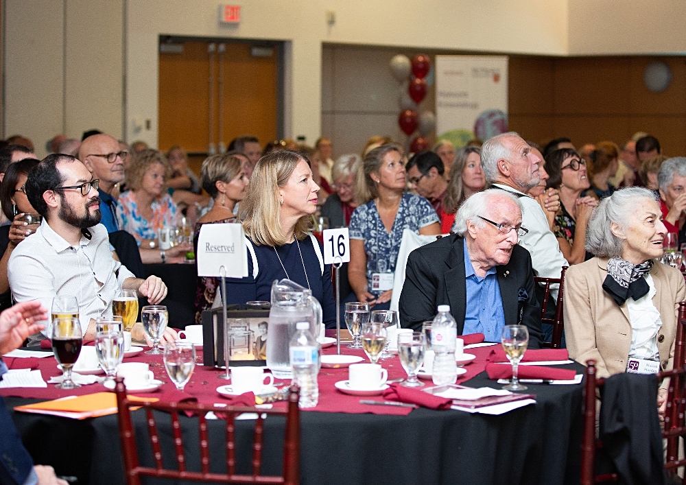 (From left) McMaster PhD student Jason Au; Dean of the Faculty of Science, Maureen MacDonald; Frank Hayden, former director of McMaster’s School of the School of Physical Education and Athletics; and Marion Hayden.