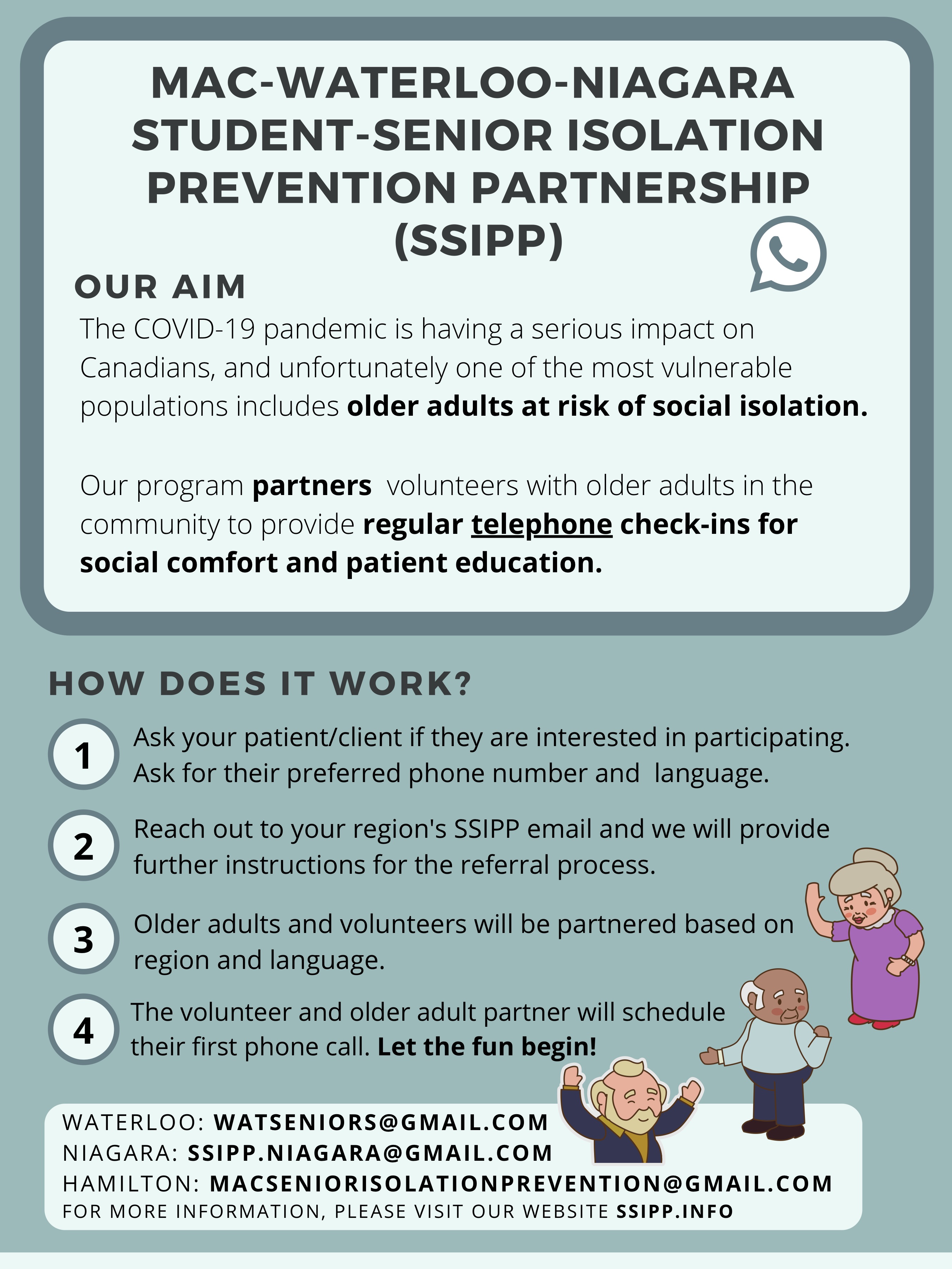 A poster for SSIPP outlining how the project works. It pairs up student volunteers with older adults facing isolation.