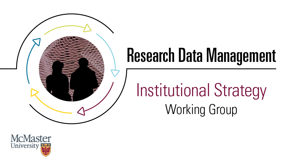 Graphic with a circle on the left containing an image of two people looking at a concept illustration of data. Arrows in a circle frame the image. Text to the right reads "Research Data Managaement: Institutional Strategy Working Group"