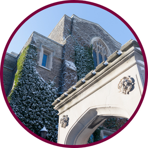 A round photo of the archway on McMaster's campus
