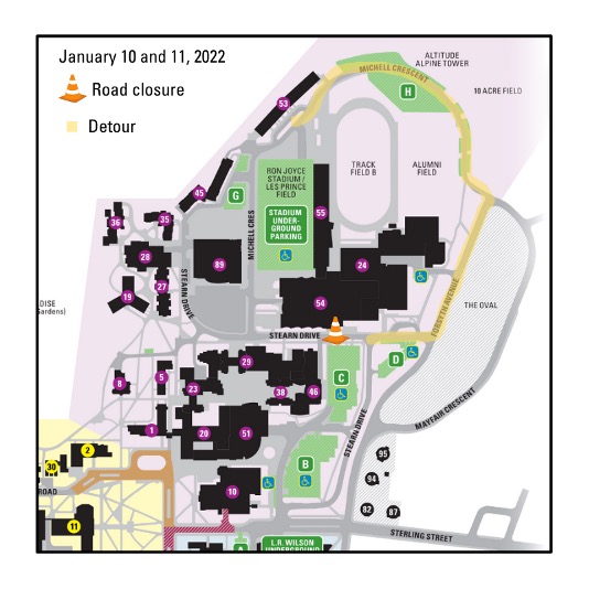 A map of McMaster's campus. Stearn Drive is highlighted in yellow. 