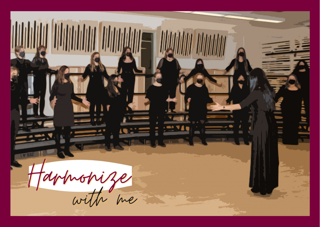 A Valentines postcard that reads 'harmonize with me' and shows a choir rehearsing 