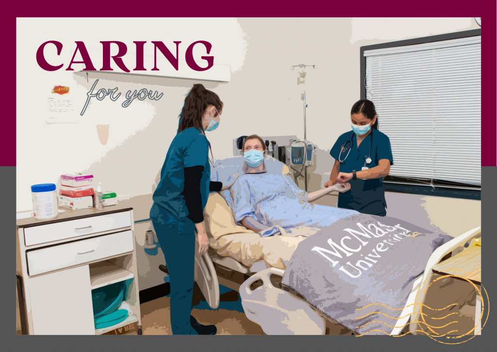 A Valentines postcard that reads 'caring for you' and shows two McMaster nursing students caring for a patient in a hospital bed 