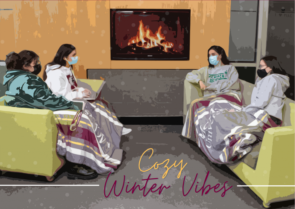 A Valentines postcard that reads 'cozy winter vibes' and shows four McMaster students sitting in front of a virtual fireplace with blankets on their laps.