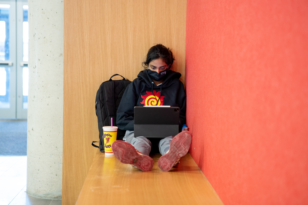 A McMaster student in a Faculty of Engineering sweatshirt studies with a laptop on her lap.