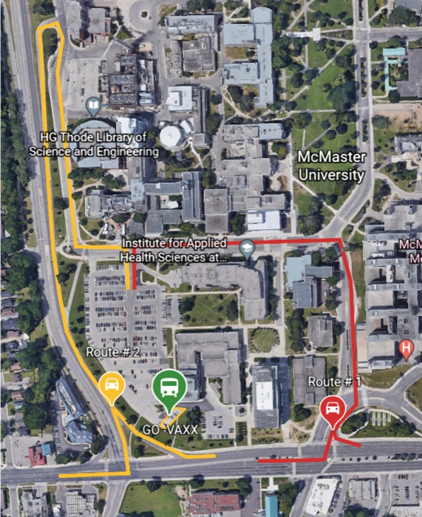 A map of McMaster's campus with routes to Parking Lot I highlighted. 