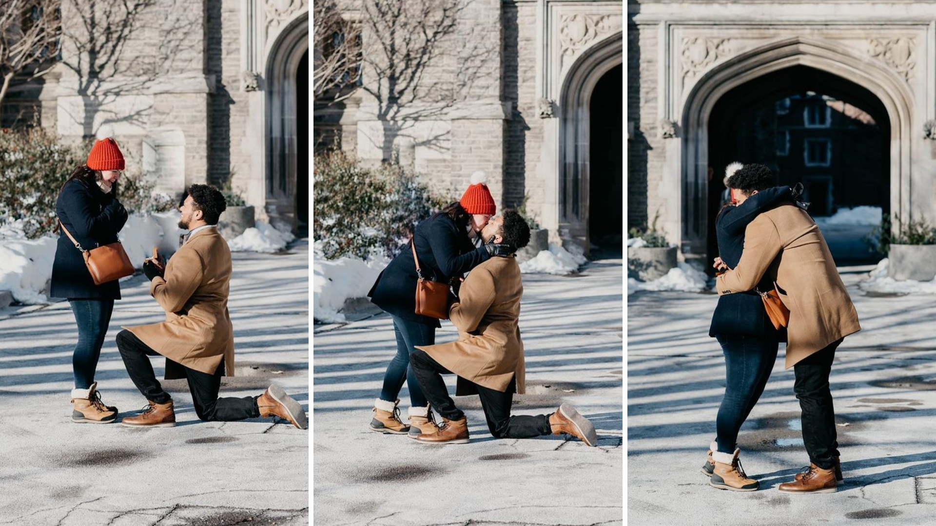 Three photos displayed side-by-side showing a man proposing to a woman, her leaning over and kissing him and the two of them hugging