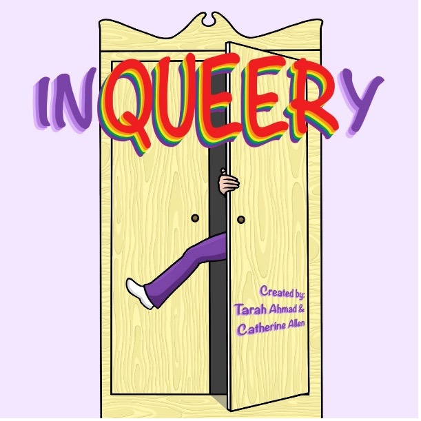 Graphic advertisement for 'Inqueery' which shows a leg and hand of someone stepping out of a closet 