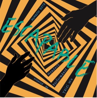 A graphic that reads 'Escapable' and shows two hands reaching out over top a series of series of yellow and black squares creating a kaleidoscope effect