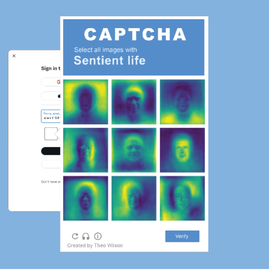 Advertisement for CAPTCHA that shows a grid of nine headshots and reads 'select all images with sentient life'
