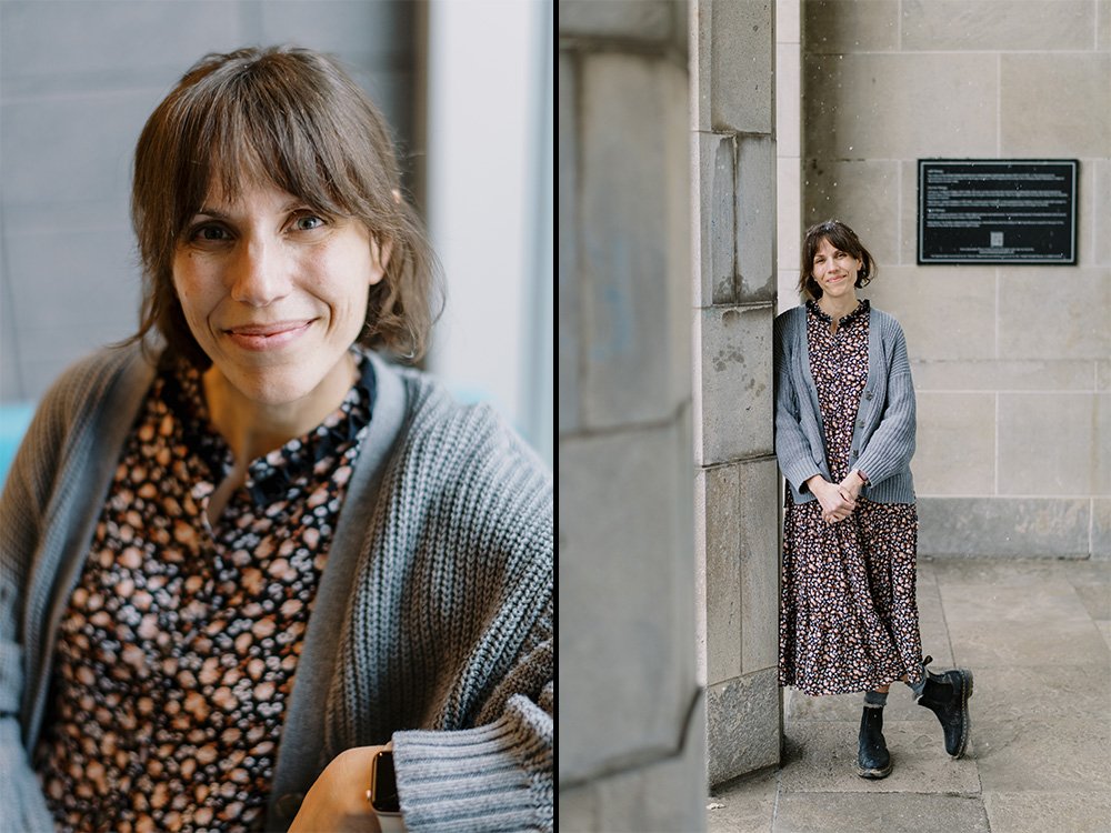 two side-by-side photos of Katie Moisse smiling at the camera