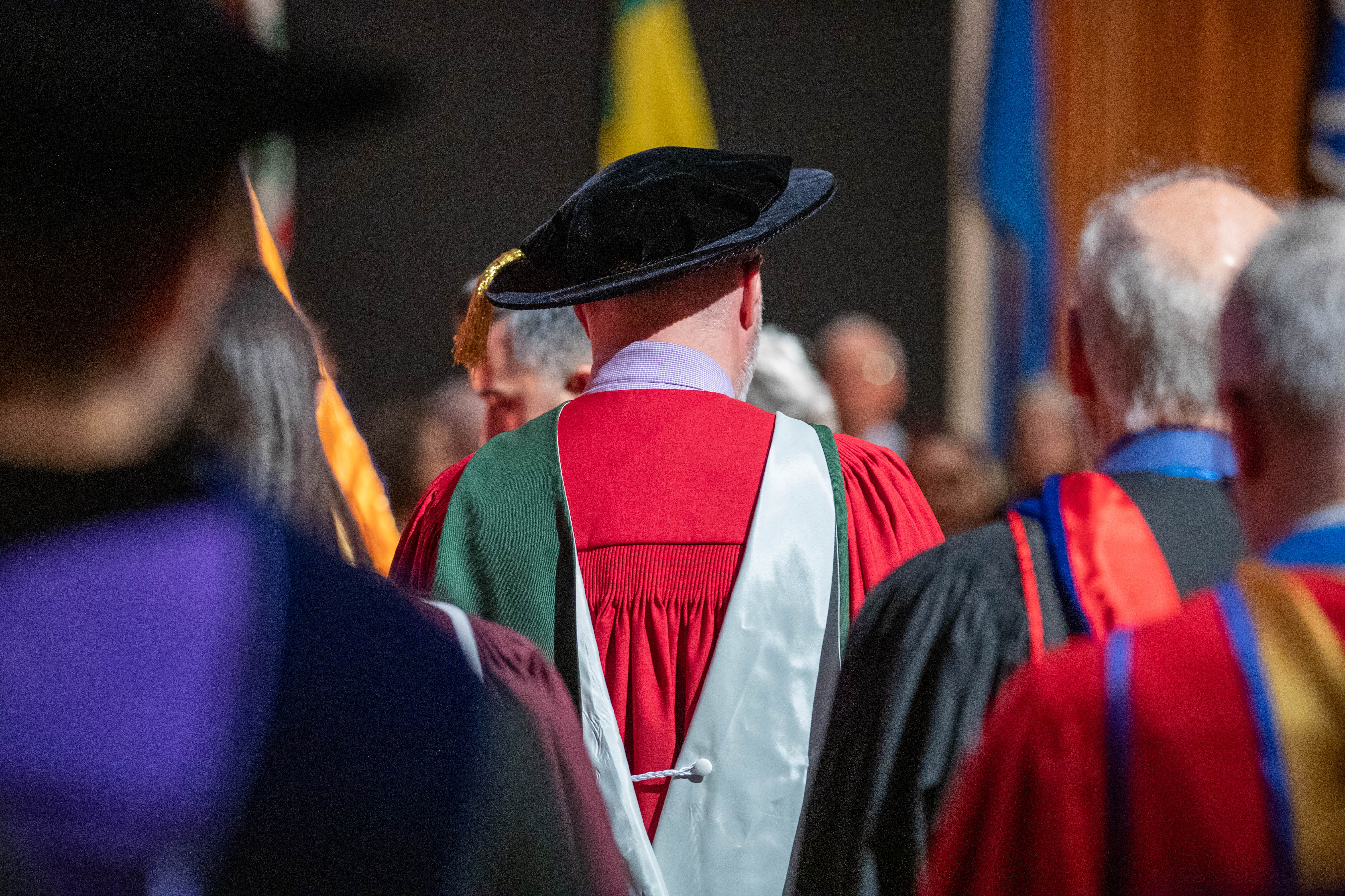 The backs of several people wearing colourful convocation gowns