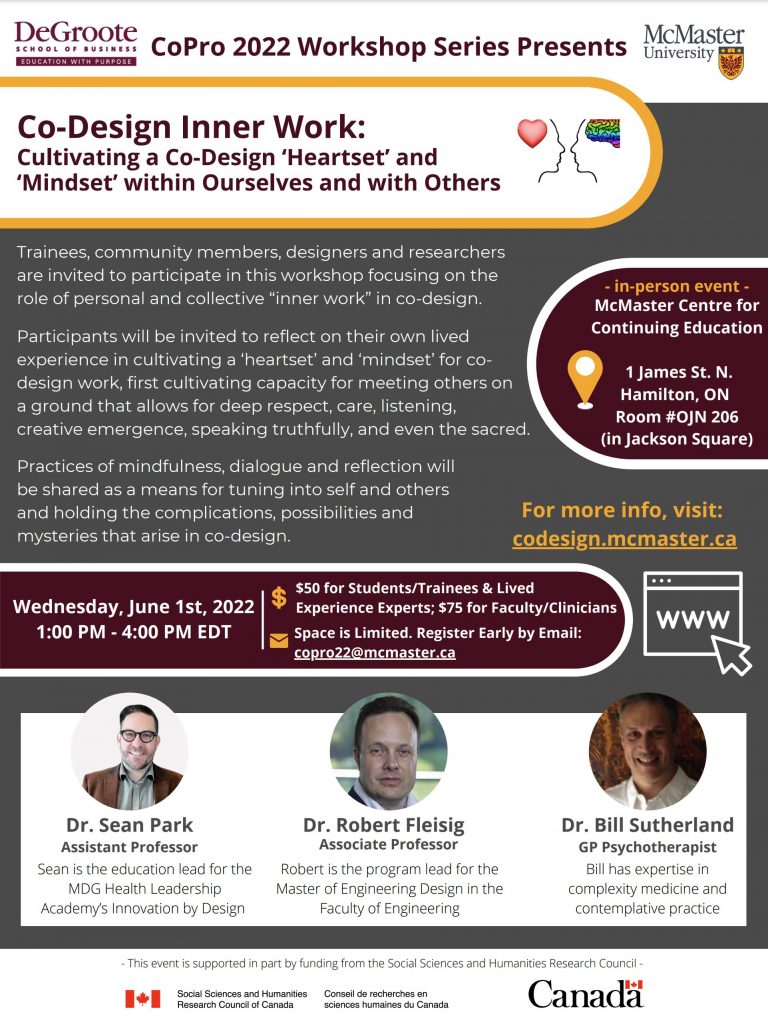 A graphic advertisement for the ‘Co-Design Inner Work: Cultivating a Co-Design ‘Heartset’ and ‘Mindset’ within Ourselves and with Others’ event