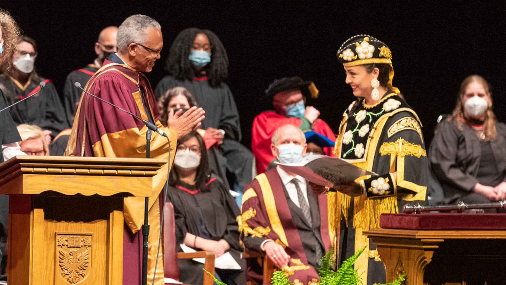 Chancellor Santee Smith presents James Volmink with an honorary doctorate