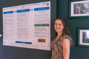 IUSRS participant Hannah Butterworth standing in front of a research poster smiling at the camera. 