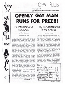 A page from a 1991 edition of the Gay & Lesbian Association of McMaster newsletter that has a headline reading, ‘Openly gay man runs for prez!!!’