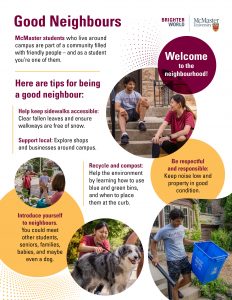 A graphic with text and images with tips for being a good neighbour, like introduce yourself, be respectful, help keep sidewalks accessible, etc..