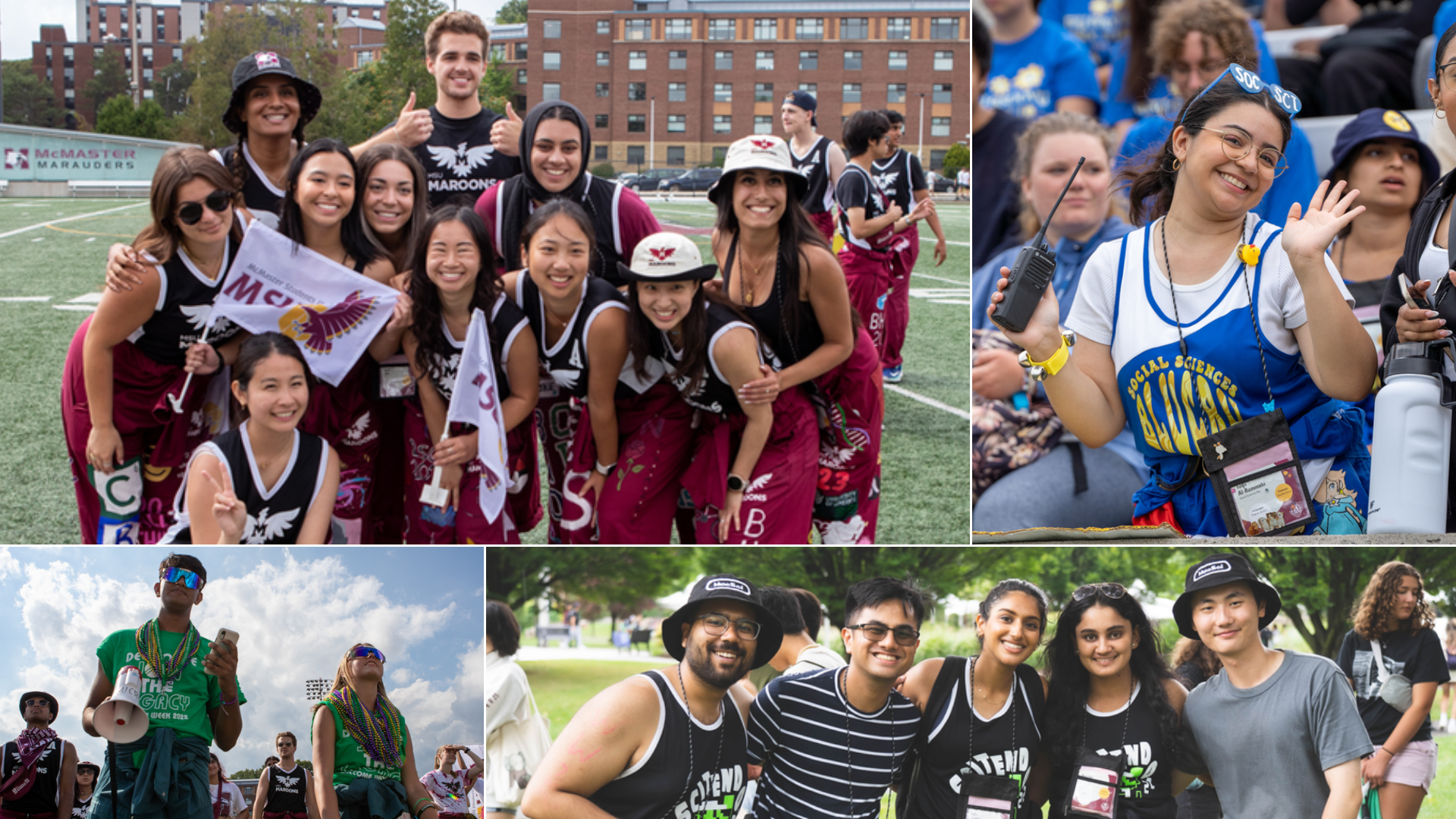 A collage of four photos of McMaster students posing for photos and cheering 