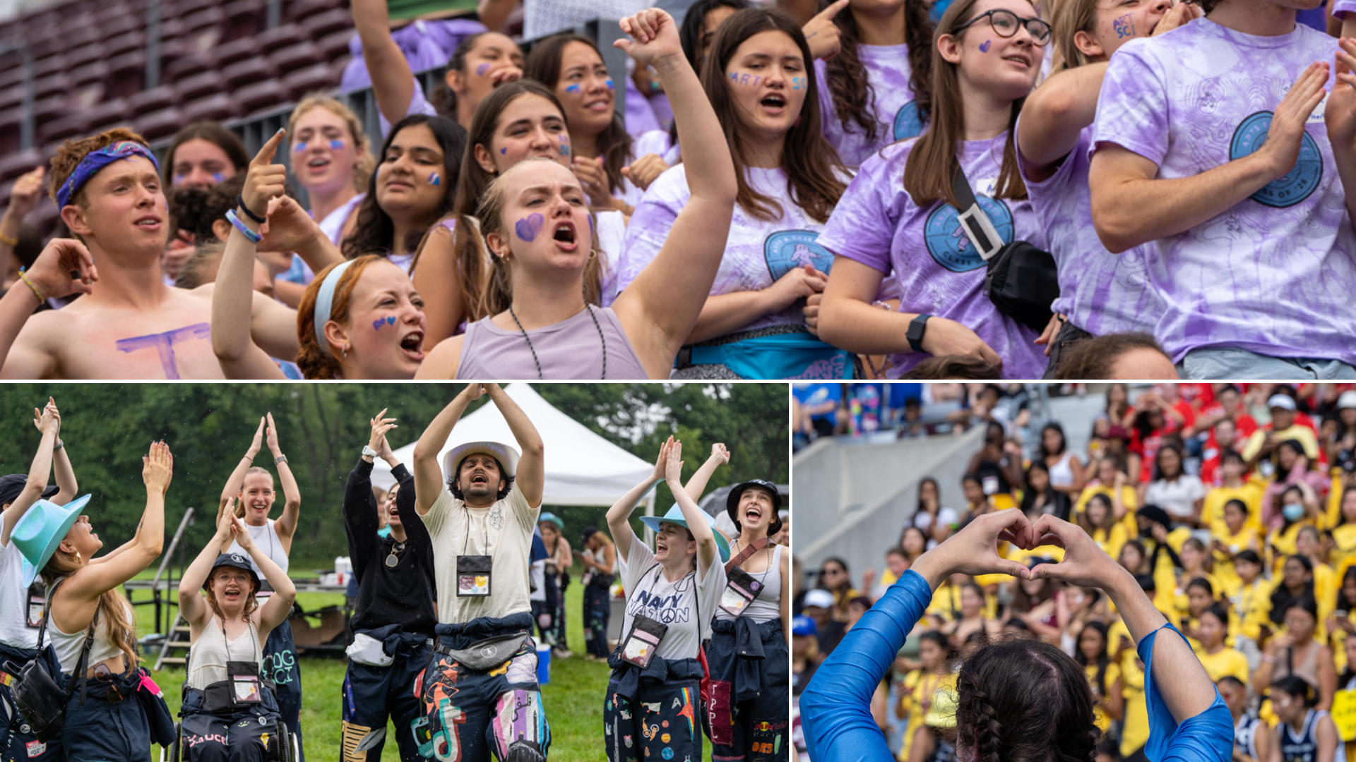 A collage of three photos of students cheering at the Welcome Week Faculty Fusion event