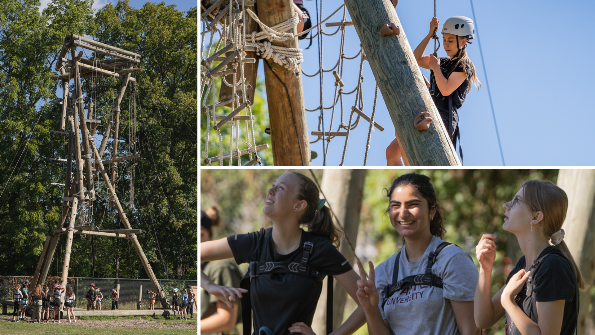 A collage of three photos showing McMaster students climbing the Alpine Tower