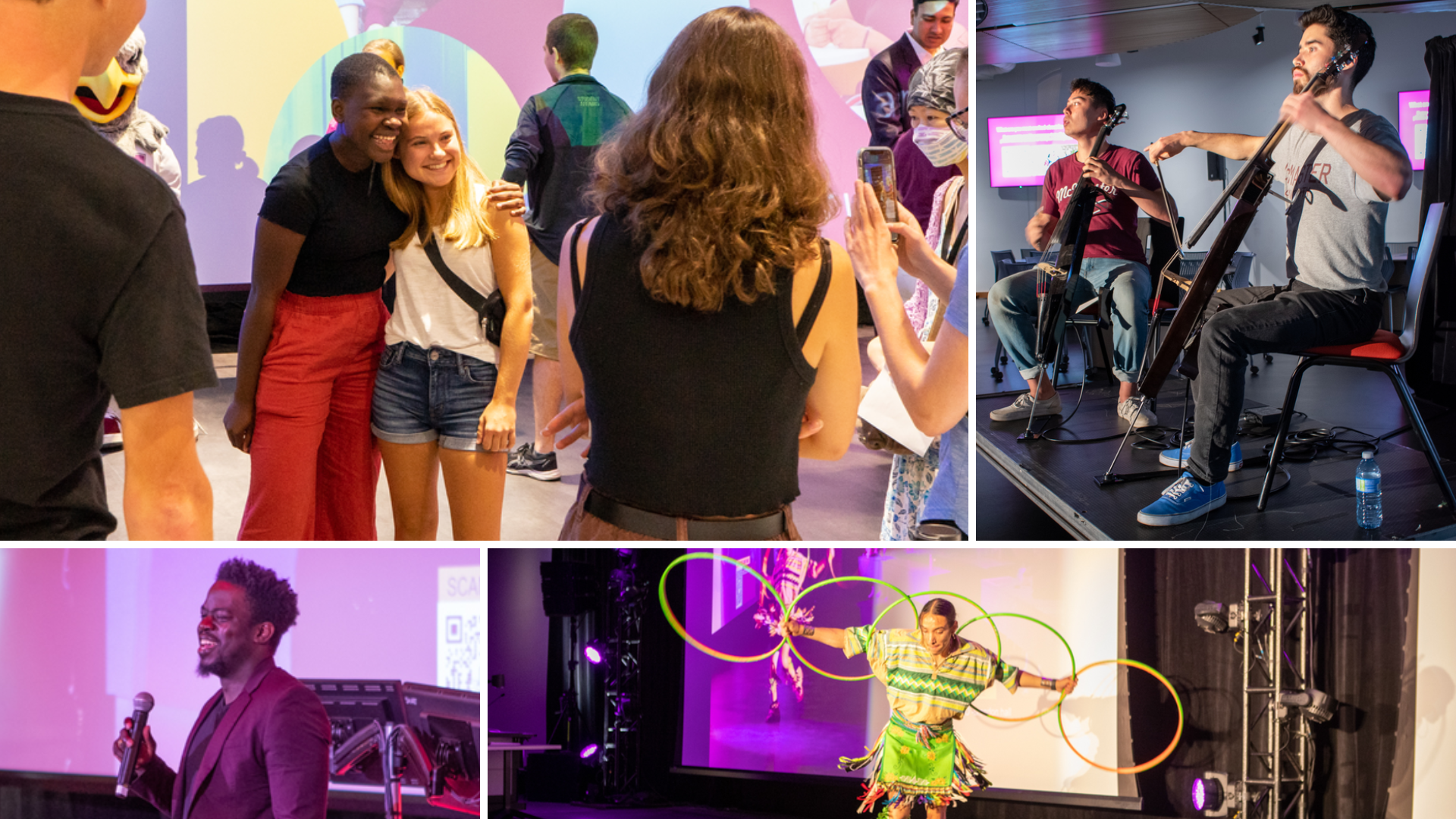 A collage of four photos showing Maryanne Oketch and the performers at Welcome Week's kick-off event