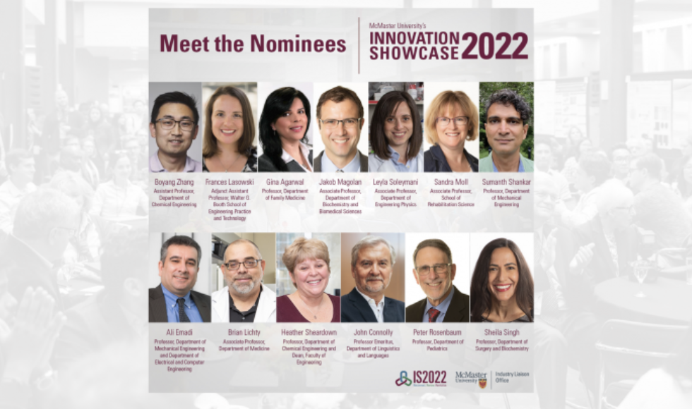 A graphic showing 14 headshots of McMaster researchers. The title on the graphic reads ‘Meet the nominees - McMaster University’s Innovation Showcase 2022.’