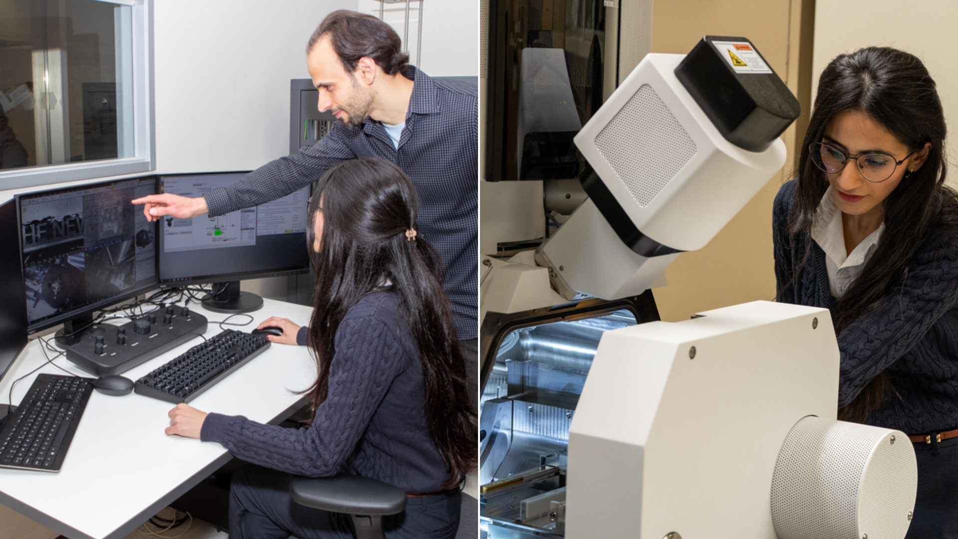 Two photos side-by-side. On the left, two people - one seated and one standing - look at a computer monitor. One the right, a woman is bent over operating an electron microscope. 