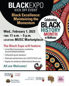A poster that reads "BLACKEXPO KICK OFF EVENT Black Excellence: Maintaining the Momentum. Wed., February 1, 2023 TIME: 11 a.m. – 5 p.m. LOCATION: MUSC Marketplace The Black Expo will feature: • Local Black businesses curated by BLACKOWNEDHAMONT • Influential guest speakers • Steel pan performance by LUCKYSTICKZ and, • Digital art exhibit by Multicultural Museums All are Welcome!" with logos for partners organizing the event.
