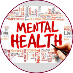 Multi-coloured text on a white background. In the centre, there is large text that reads, 'mental health.'