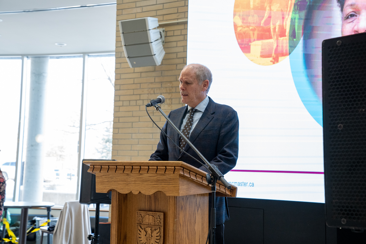 The president of McMaster University delivers a speech