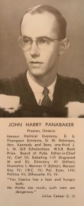 A yearbook entry for John Panabaker that includes a photo and a quote from Julis Caesar 