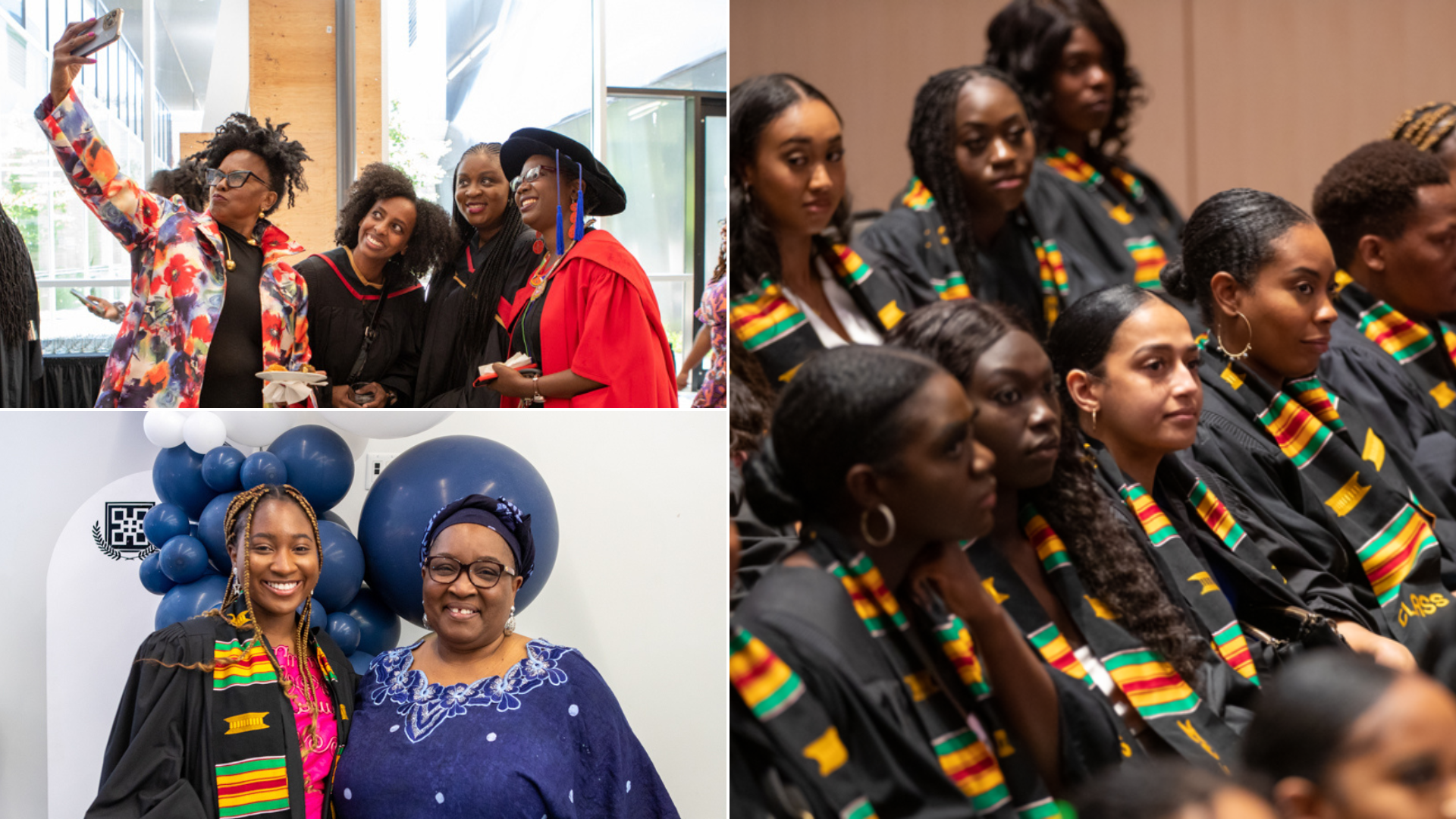 A collage of three photos. One is of four people posing for a selfie. Another is two women standing in front of balloons and smiling at the camera. The other is two rows of students seated while wearing Kente stoles. 