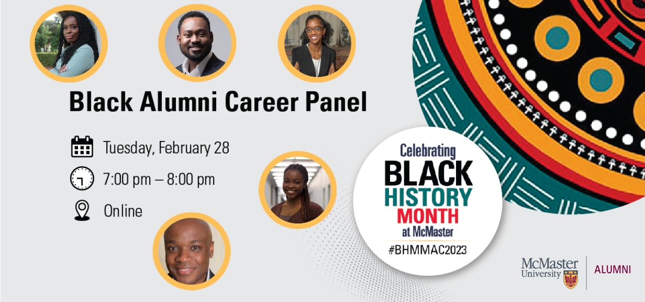 A graphic advertising a Black Alumni Career Panel. It features the 2023 Black History Month at McMaster and logo and five headshots of the event’s panelists.