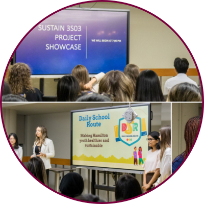Two photos that show students presenting their research projects to a crowd.