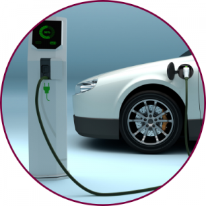 An electric vehicle plugged into a charging station 