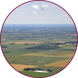 An aerial view of farmland and greenspace